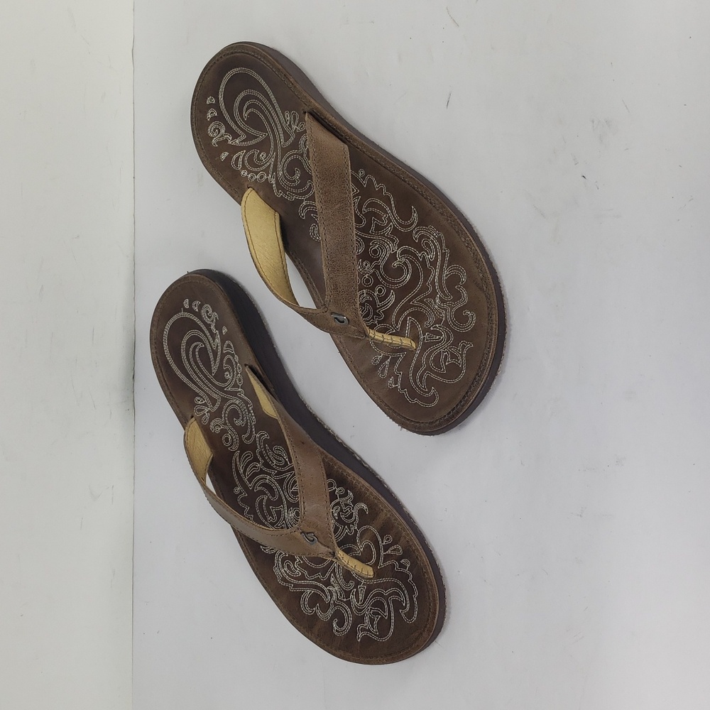 OLUKAI PANIOLO NATURAL DISTRESSED LEATHER FLIP FLOPS THONG SANDALS WOMEN'S 8 W